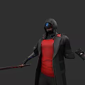 Game Movie Character in Black Hooded Coat Red Shirt With Blue Logo Helmet Weapons