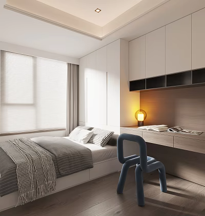 Tatami Bedroom Design With Gray Bedding White Storage Cabinets Desk And Table Lamp 3d model