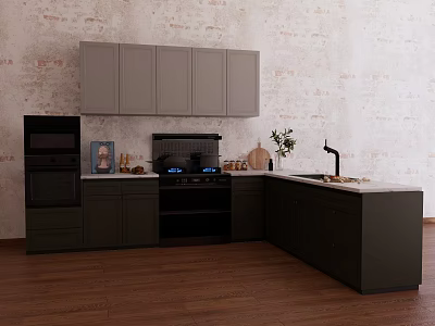 Modern Kitchen With Gray And Dark Gray Cabinets L Shaped Layout Textured Wall 3d model