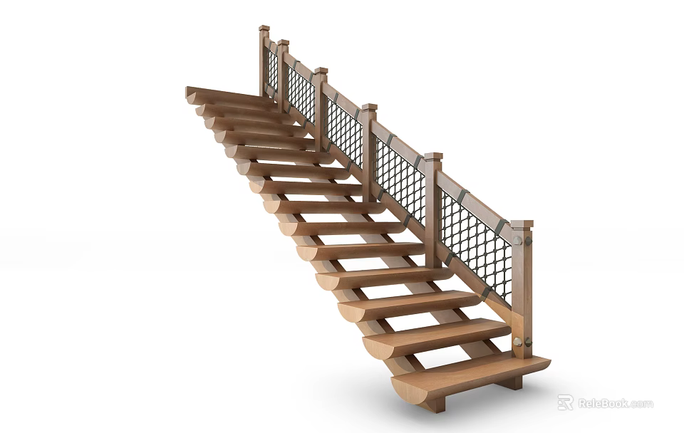 Modern Wooden Staircase With Grid Handrail Design And Curved Steps 3d model 