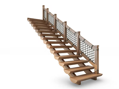 Modern Wooden Staircase With Grid Handrail Design And Curved Steps 3d model