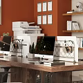 Modern Office Interior With Wooden Desk Computer Monitors Ergonomic Chairs Wall Art And Decorative Shelves