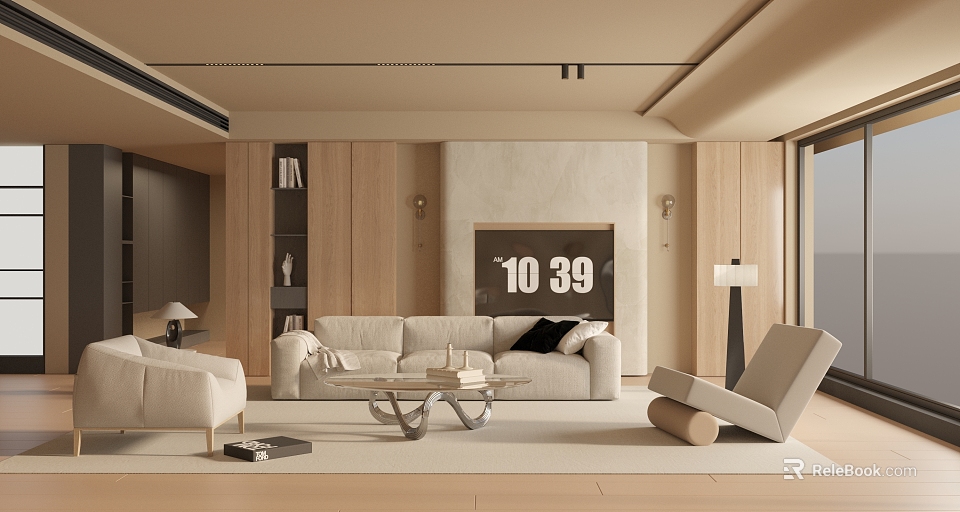 Modern Minimalist Living Room with Beige Sofa Wood Accents TV Wall Floor Lamp Coffee Table 3d model 