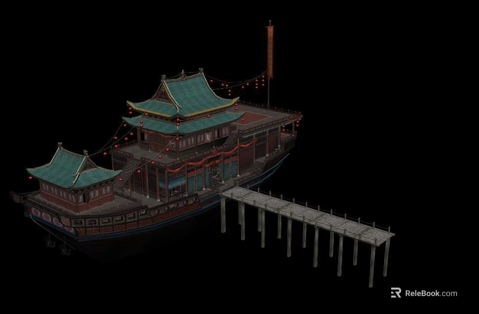 Ancient Architecture Boat Shaped Structure With Green Roof And Wooden Pier 3d model 