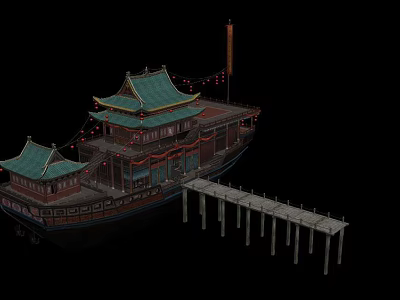 Ancient Architecture Boat Shaped Structure With Green Roof And Wooden Pier 3d model