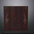 Elegant Dark Red Wooden Wardrobe With Carved Floral Patterns And Drawers