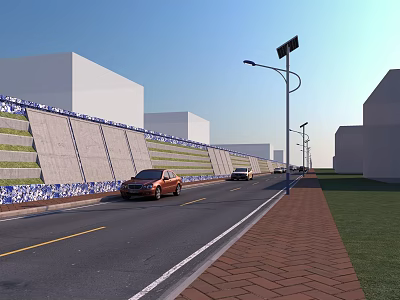 Modern Building Exterior Wall With Green Plants And Blue Decorations Along Road 3d model