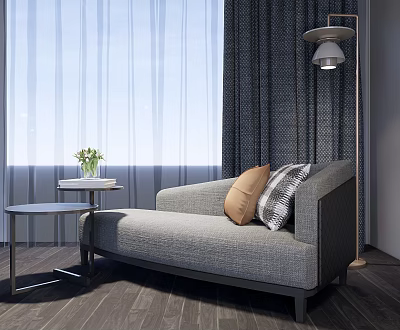 Grey Upholstered Chaise Lounge With Side Table Green Plant And Floor Lamp 3d model