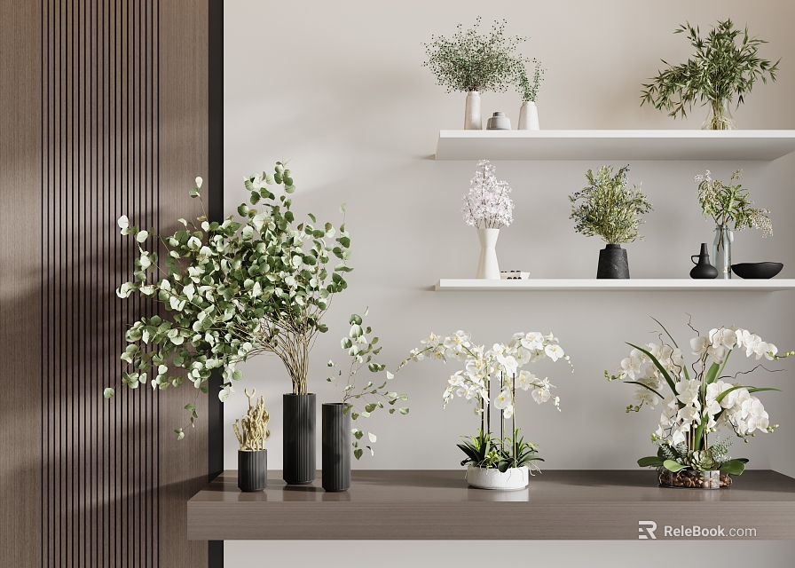 Decorative Vases With White Orchids And Green Plants On Shelves And Tabletop 3d model 