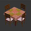 Wooden Dining Table With Four Chairs And Red White Checkered Tablecloth With White Plates
