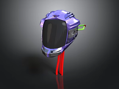 Futuristic Purple Helmet With Black Visor And Red Support Stand 3d model