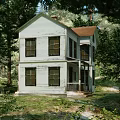 Two Story Detached House with White Exterior Brown Roof Surrounded by Green Trees and Grass