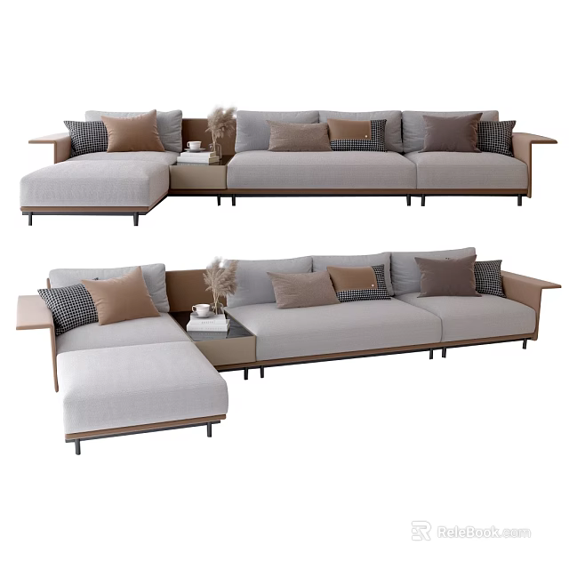 Modern Light Gray Sectional Sofa With Multiple Brown Plaid Cushions And Side Table Decor 3d model