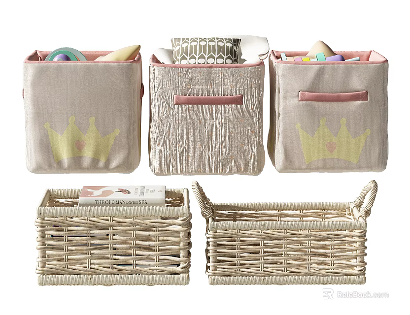 Beige Canvas And Wicker Storage Baskets With Crown Heart Patterns For Home Organization 3d model 