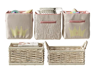 Beige Canvas And Wicker Storage Baskets With Crown Heart Patterns For Home Organization 3d model