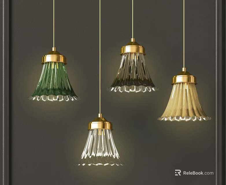 Modern Pendant Lights With Green Clear Beige Pleated Shades And Gold Bases On Dark Wall 3d model 