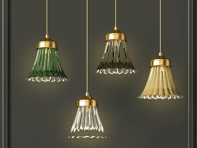 Modern Pendant Lights With Green Clear Beige Pleated Shades And Gold Bases On Dark Wall 3d model