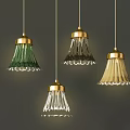 Modern Pendant Lights With Green Clear Beige Pleated Shades And Gold Bases On Dark Wall