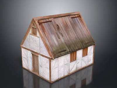 Small Traditional Cottage Model With Wooden Roof White Walls Door And Windows 3d model
