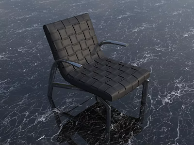 Black Woven Lounge Chair With Metal Armrests And Legs On Dark Textured Reflective Surface 3d model