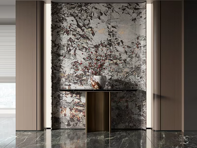 Modern Entryway With Marble Accent Wall Metal Console Table Dried Flower Vase and Marble Flooring 3d model