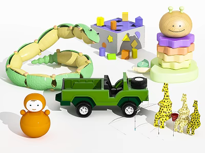 Colorful Wooden Building Blocks With Toy Jeep Giraffe And Animal Shapes 3d model