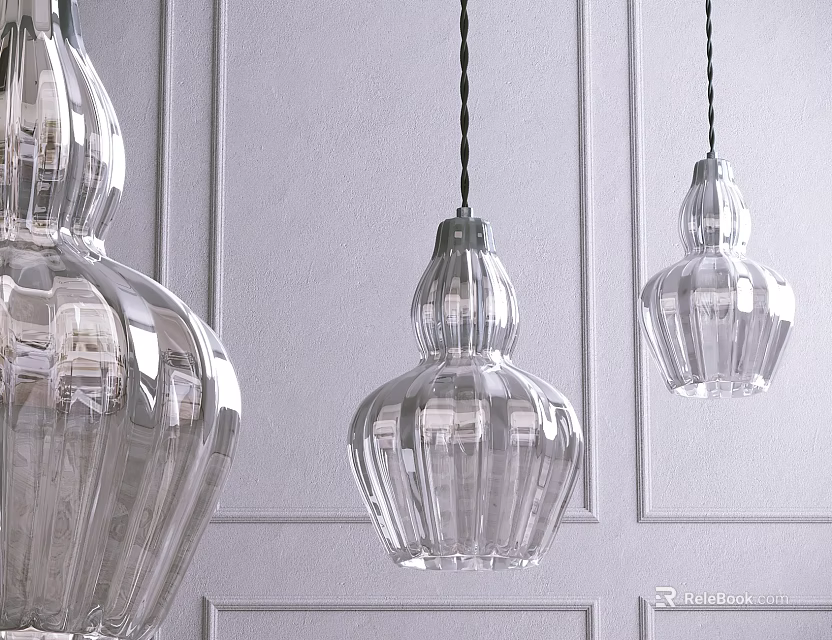 Three Transparent Glass Gourd Shaped Chandeliers Hanging On White Wall With Vertical Striped Decoration 3d model 