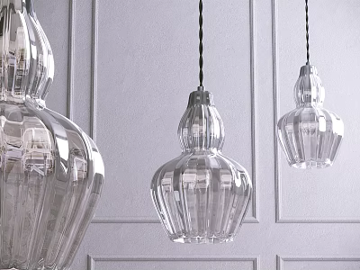 Three Transparent Glass Gourd Shaped Chandeliers Hanging On White Wall With Vertical Striped Decoration 3d model
