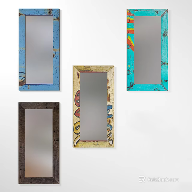 Four Decorative Mirrors With Colorful Frames And Patterns Hanging On White Wall 3d model 