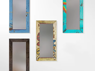 Four Decorative Mirrors With Colorful Frames And Patterns Hanging On White Wall 3d model