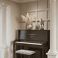 Musical Instruments Piano And Guitar With White Paneled Walls Columns Flowers And Checkered Stool