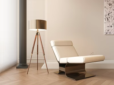 Beige Single Sofa With Metal Frame In Room Interior Featuring Wooden Floor And Abstract Painting 3d model