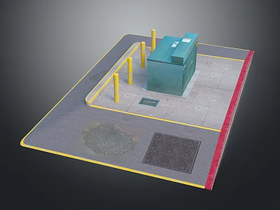 Outdoor Site Layout With Green Building Yellow Poles Gray Surface And Square Ground Patches 3d model