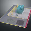 Outdoor Site Layout With Green Building Yellow Poles Gray Surface And Square Ground Patches
