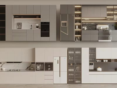 Modern Gray White Kitchen Sideboard Design With Glass Door Storage And Display Utensils 3d model
