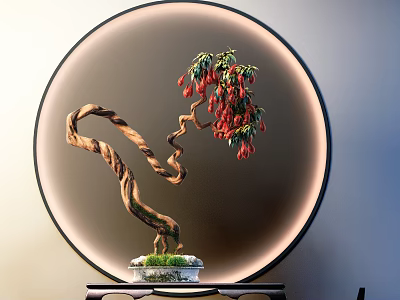 Bonsai Plant With Twisted Trunk Red Berries In Round Frame On Pedestal Stand 3d model