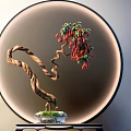 Bonsai Plant With Twisted Trunk Red Berries In Round Frame On Pedestal Stand