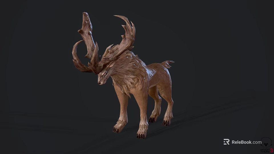 Mythical Stag With Large Curved Antlers And Shaggy Fur 3D Render Design 3d model 