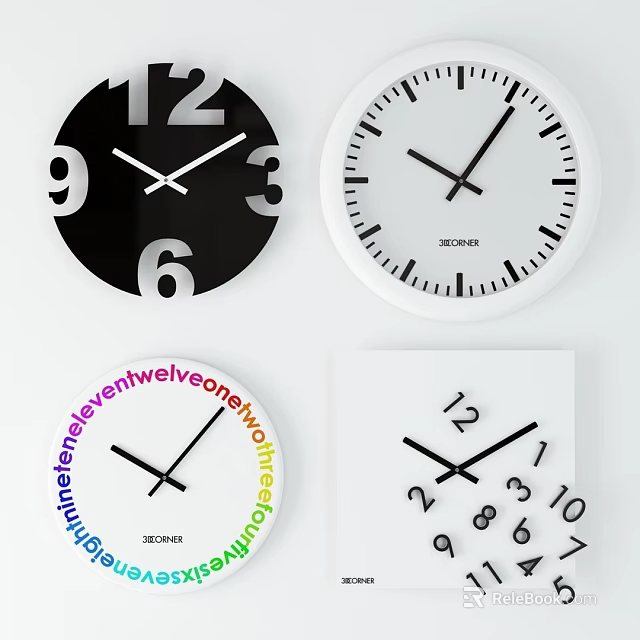 Stylish Modern Wall Clocks With Black White And Colorful Number Designs 3d model 
