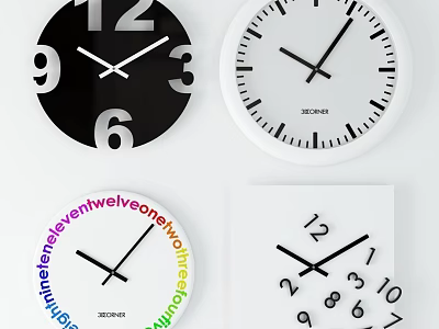 Stylish Modern Wall Clocks With Black White And Colorful Number Designs 3d model