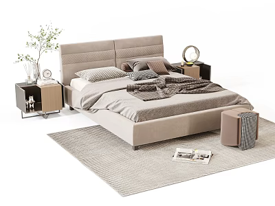 Modern Double Bed with Upholstered Headboard Pillows Blanket Nightstands Green Plant Rug and Magazine 3d model