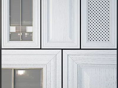 White Wooden Door Panels With Glass Insert Perforated Pattern And Decorative Frames 3d model