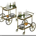 Vintage Gold Serving Carts With Wine Bottles Glasses Fruits And Plates