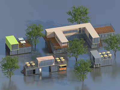 Modern Shipping Container Buildings With Outdoor Terraces Seating And Trees 3d model