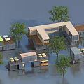 Modern Shipping Container Buildings With Outdoor Terraces Seating And Trees