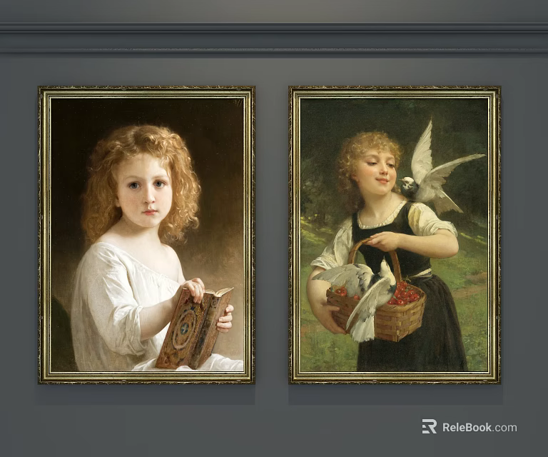 Two Children Portrait Paintings Featuring Curly Hair Child With Book And Dove Near Fruit Basket 3d model 