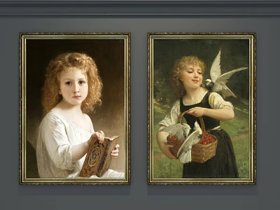 Two Children Portrait Paintings Featuring Curly Hair Child With Book And Dove Near Fruit Basket 3d model