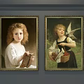 Two Children Portrait Paintings Featuring Curly Hair Child With Book And Dove Near Fruit Basket