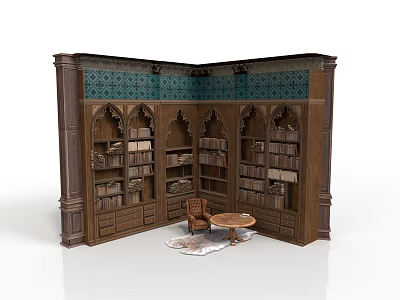 Antique Decorative Wooden Corner Bookshelf Architecture With Arched Details Stacked Books And Small Chair 3d model