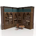 Antique Decorative Wooden Corner Bookshelf Architecture With Arched Details Stacked Books And Small Chair